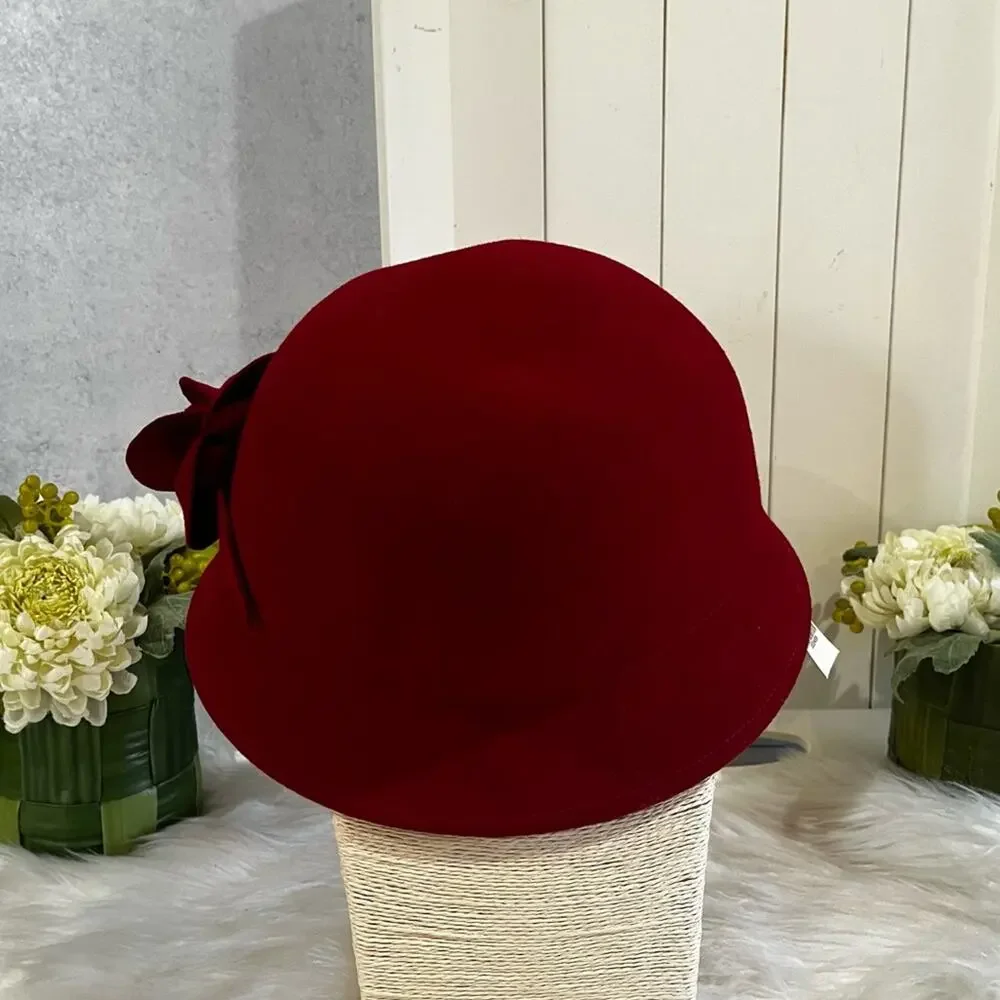 NEW Charter Club Wool Gatsby Cloche Bucket 1920’s Rose Winter Hat Red OS NWT